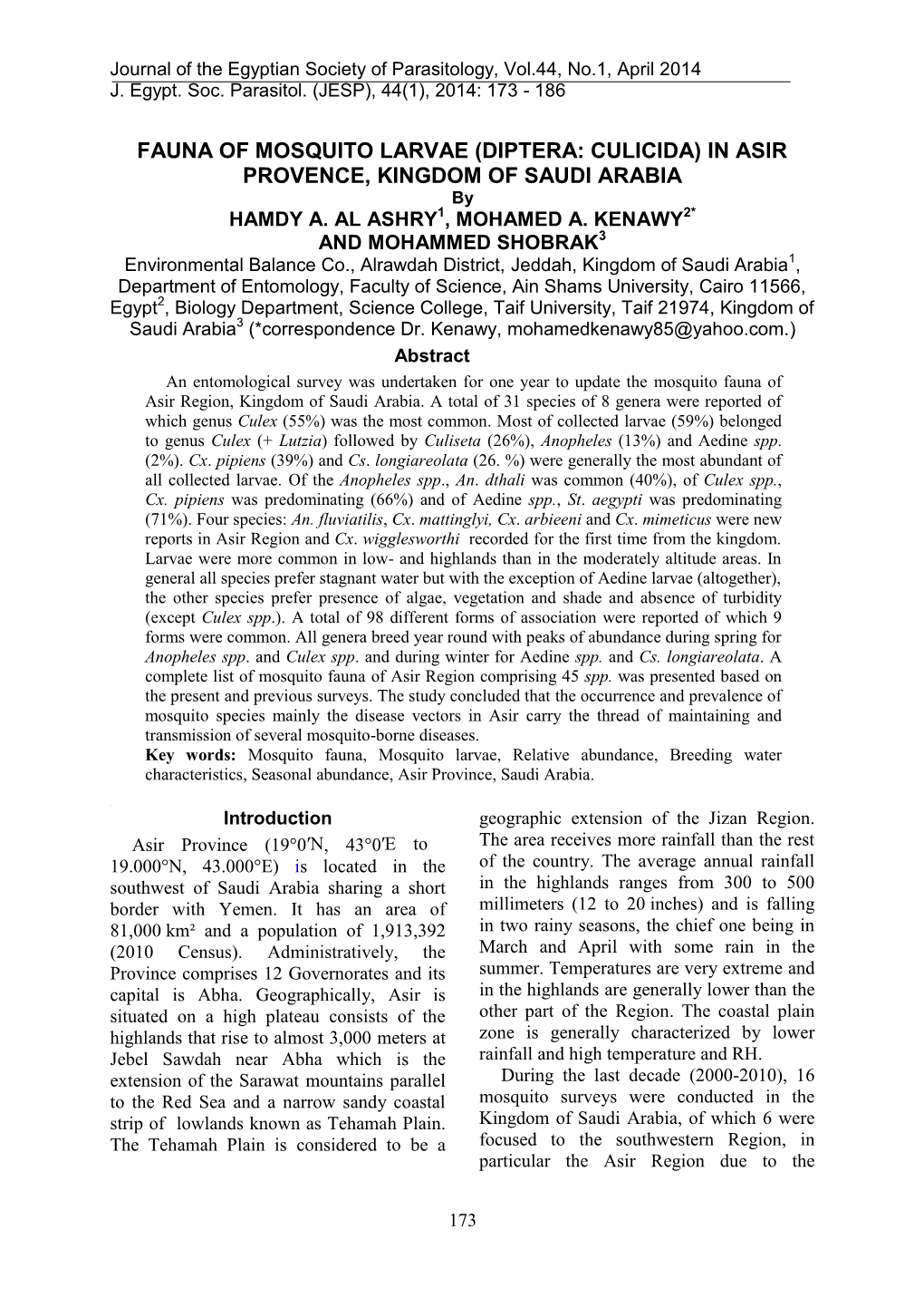 FAUNA of MOSQUITO LARVAE (DIPTERA: CULICIDA) in ASIR PROVENCE, KINGDOM of SAUDI ARABIA by HAMDY A