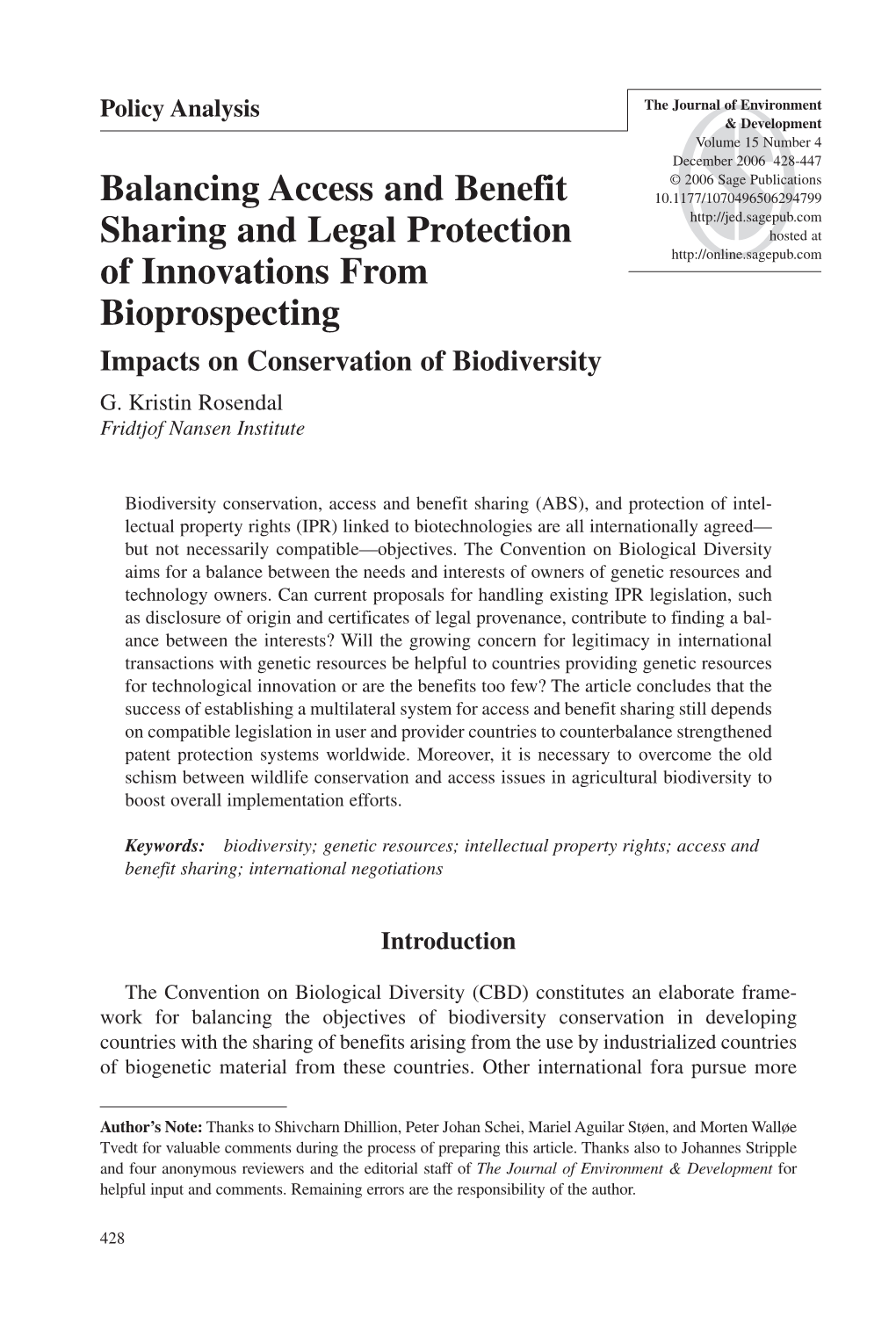 Balancing Access and Benefit Sharing and Legal Protection of Innovations from Bioprospecting