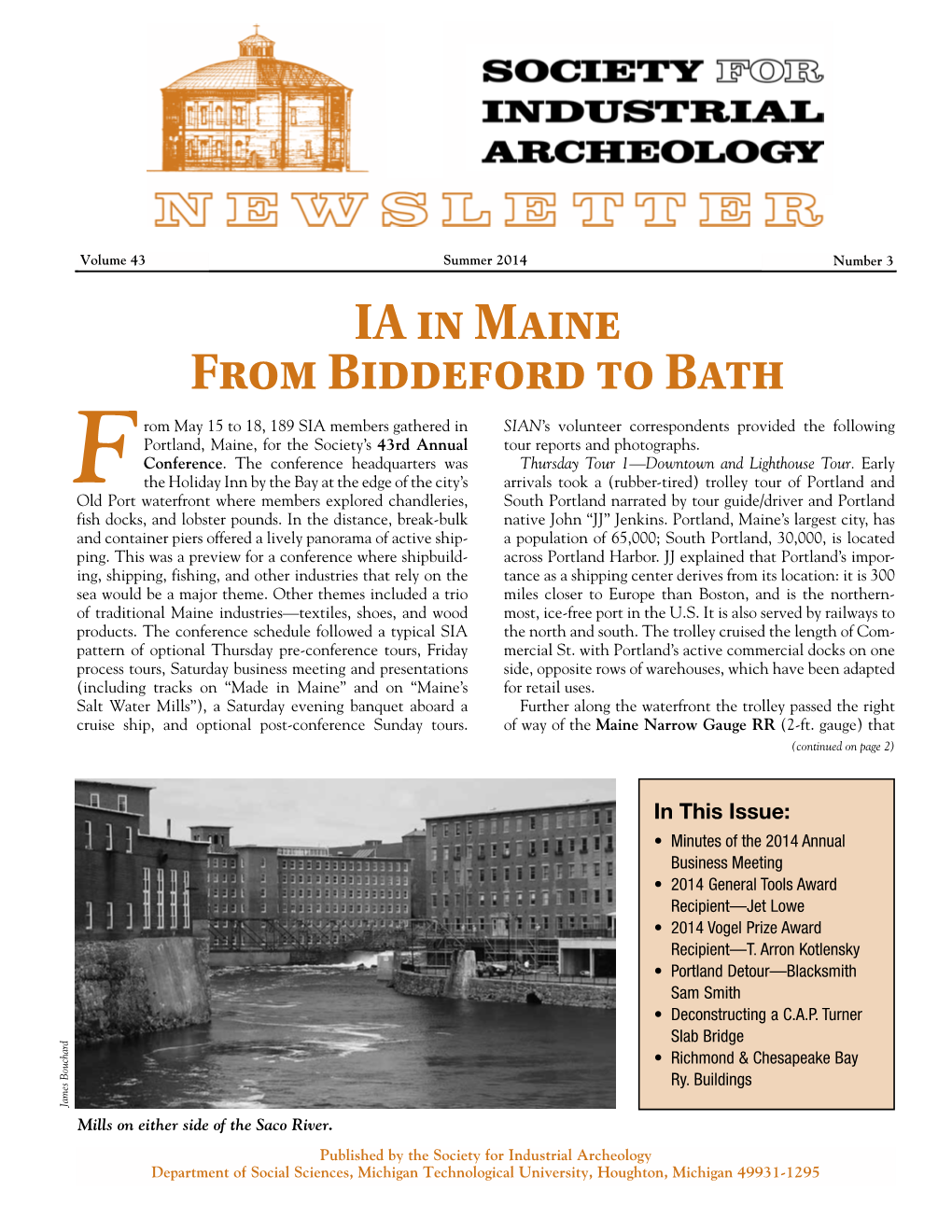 Society for Industrial Archeology Newsletter Volume 43, Number 3