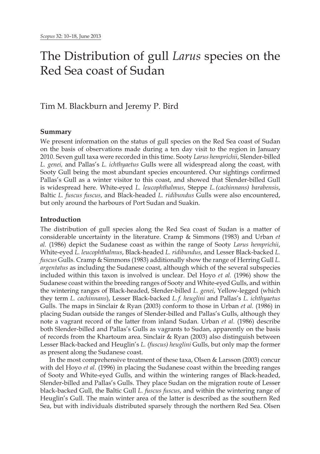 The Distribution of Gull Larus Species on the Red Sea Coast of Sudan