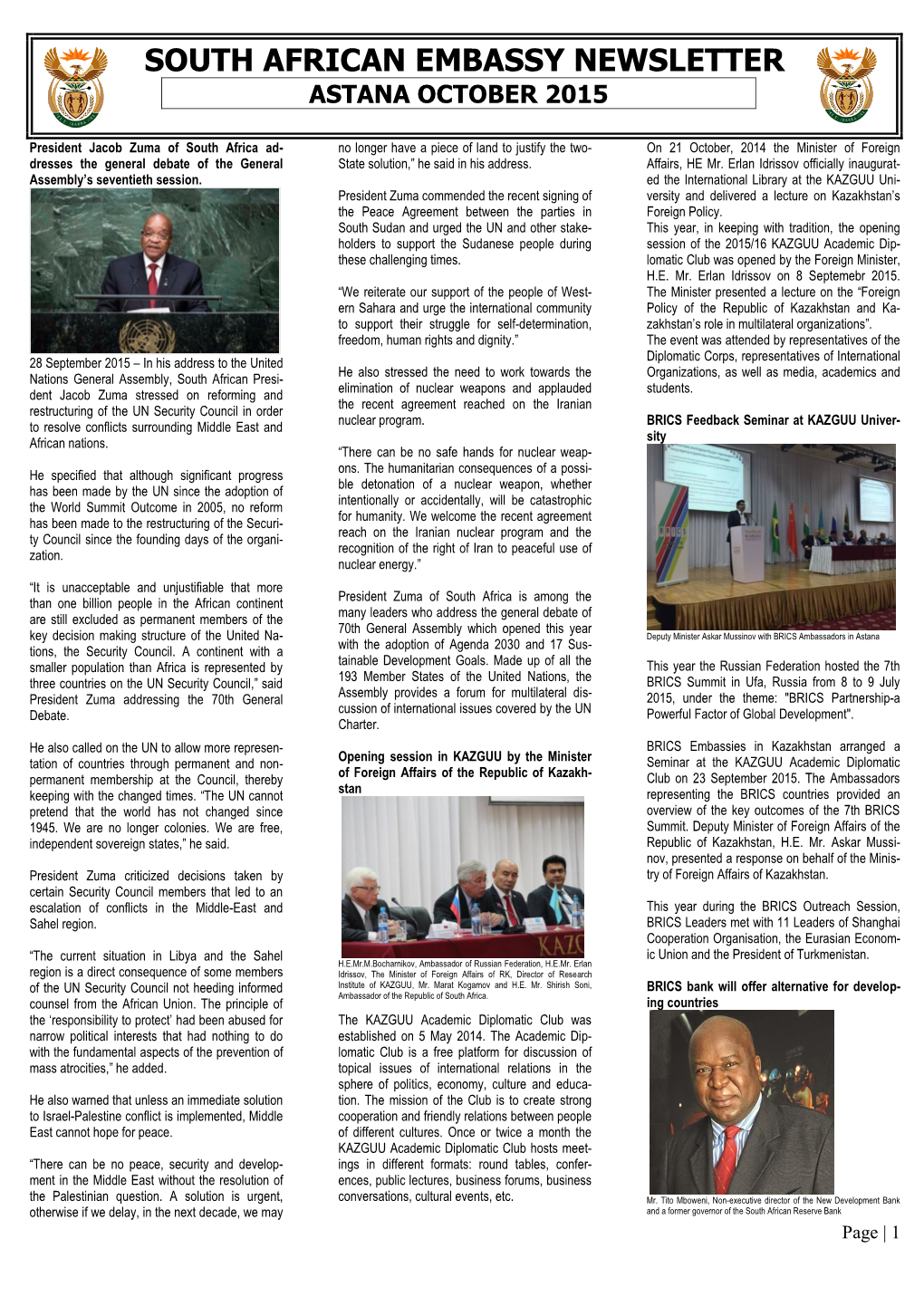 South African Embassy Newsletter Astana October 2015