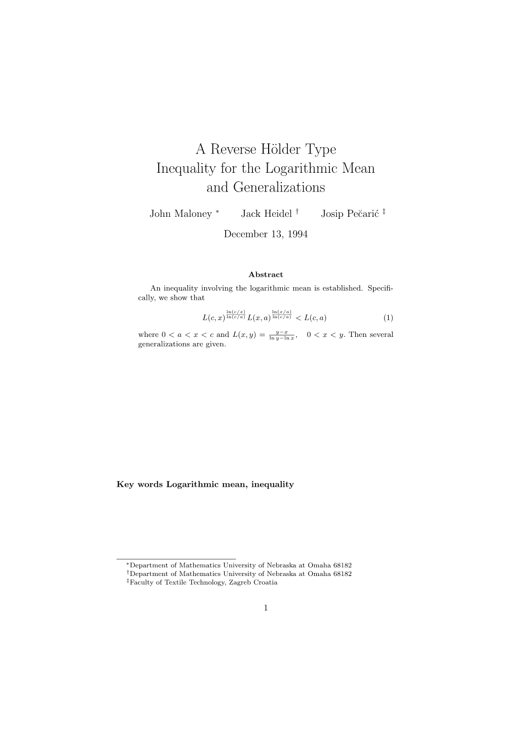 A Reverse Hölder Type Inequality for the Logarithmic Mean and Generalizations