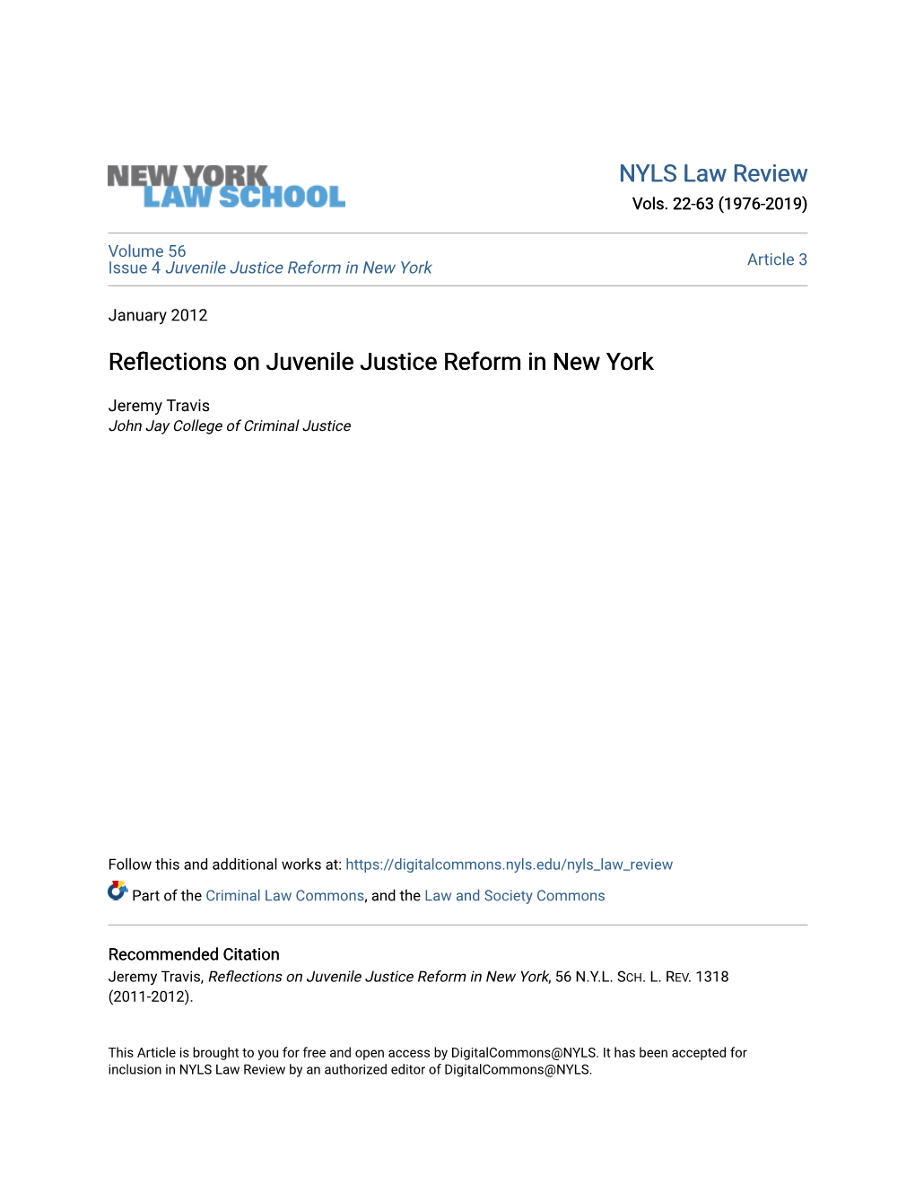 Reflections on Juvenile Justice Reform in New York