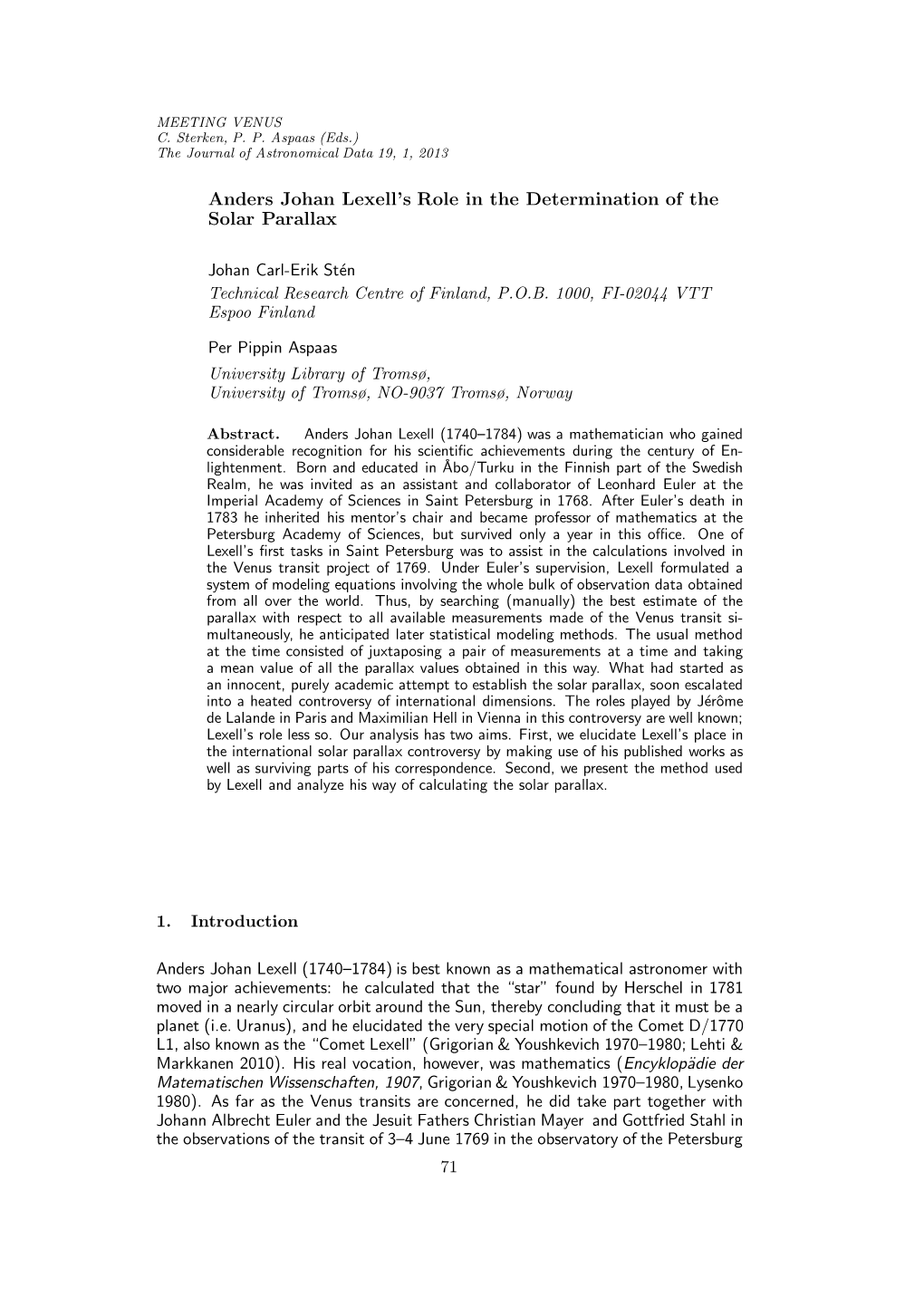 Anders Johan Lexell's Role in the Determination of the Solar Parallax