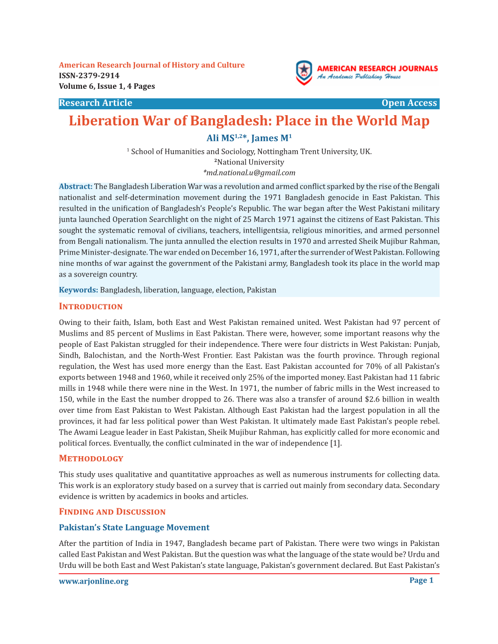 Liberation War of Bangladesh: Place in the World Map Ali MS1,2*, James M1 1 School of Humanities and Sociology, Nottingham Trent University, UK