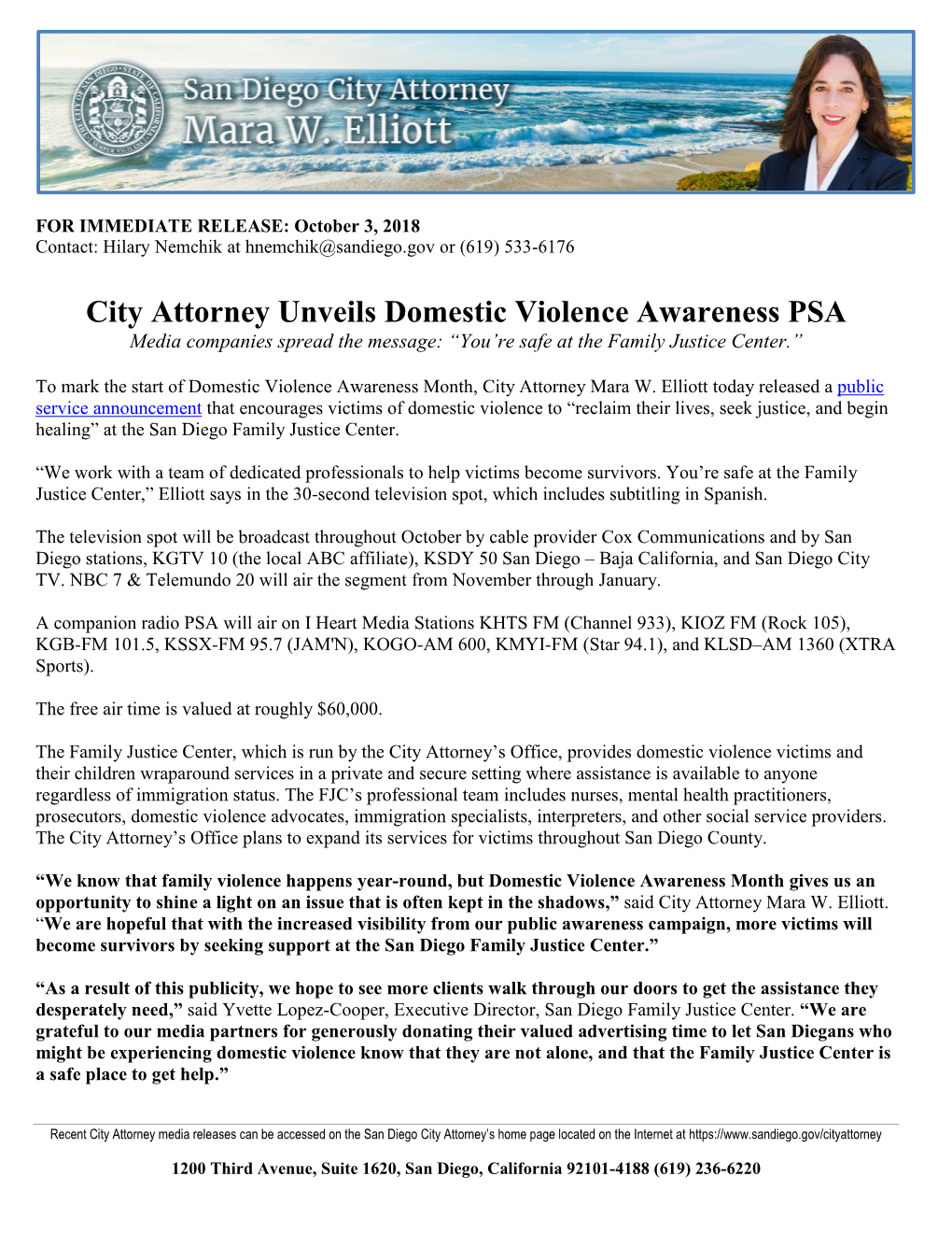 City Attorney Unveils Domestic Violence Awareness PSA Media Companies Spread the Message: “You’Re Safe at the Family Justice Center.”
