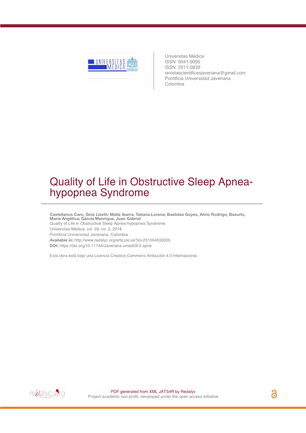 Quality of Life in Obstructive Sleep Apnea-Hypopnea Syndrome Universitas Médica, Vol