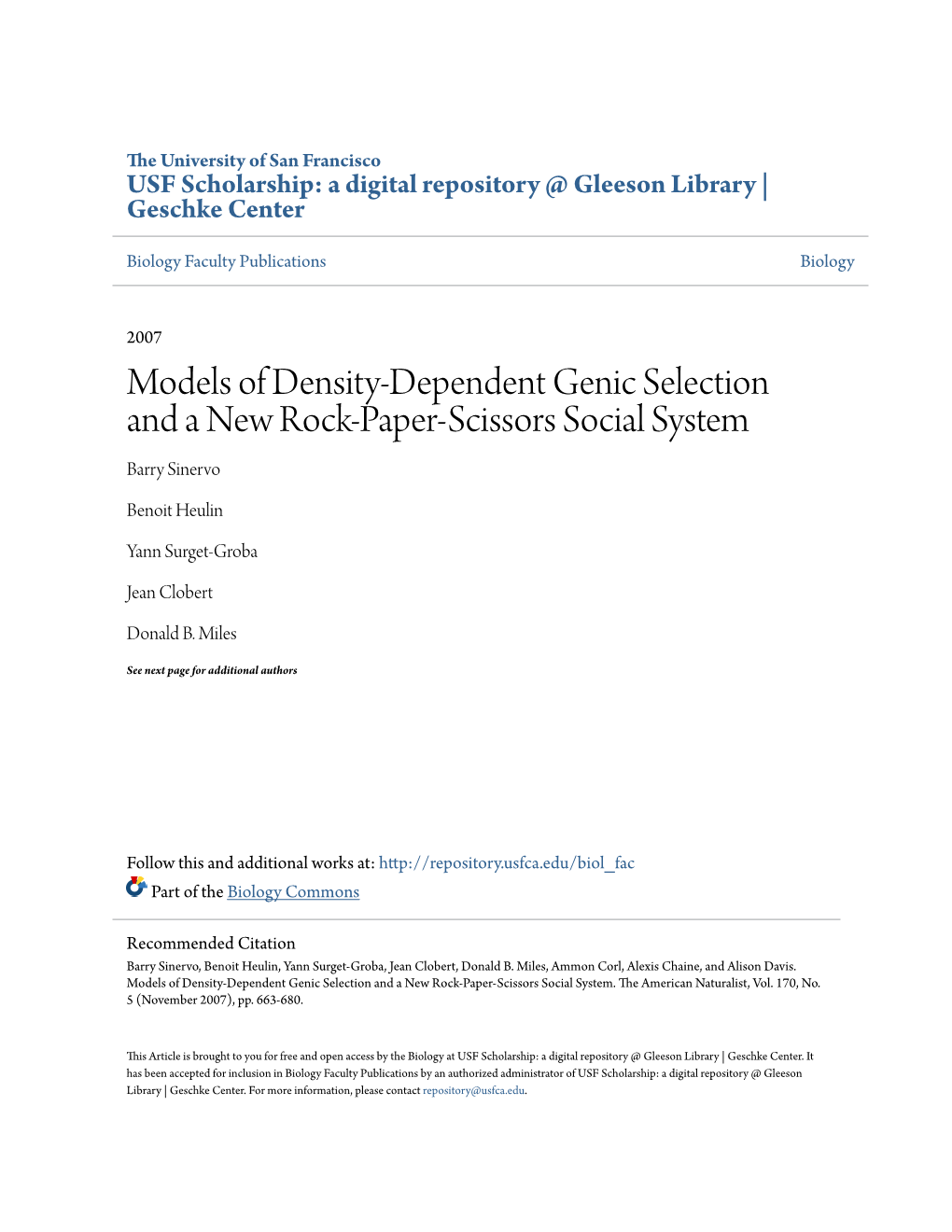Models of Density‐Dependent Genic Selection and a New Rock‐Paper‐Scissors Social System Barry Sinervo