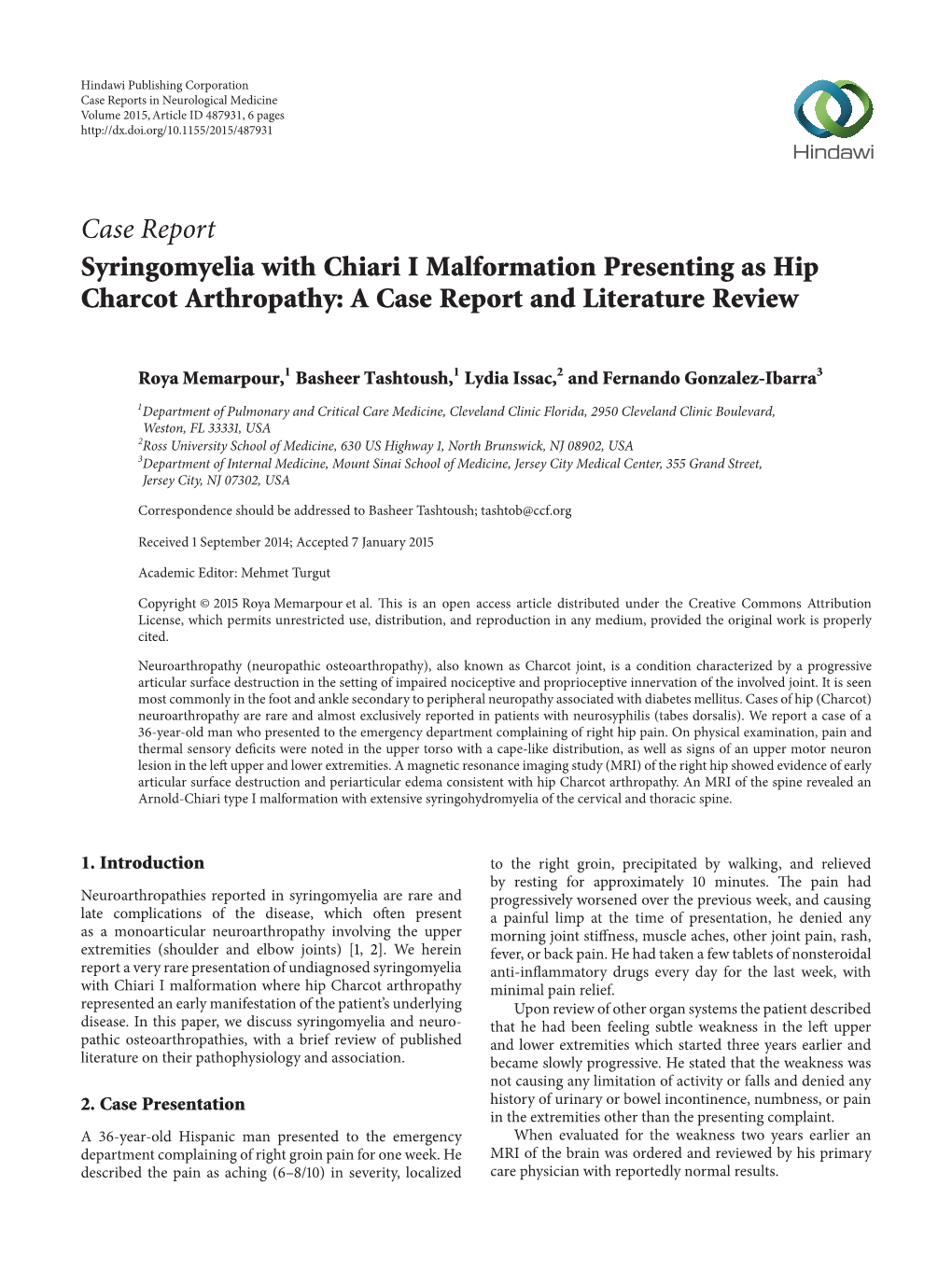 Syringomyelia with Chiari I Malformation Presenting As Hip Charcot Arthropathy: a Case Report and Literature Review