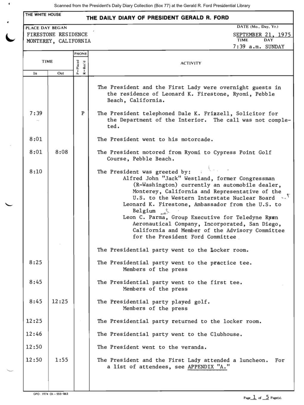 President's Daily Diary Collection (Box 77) at the Gerald R