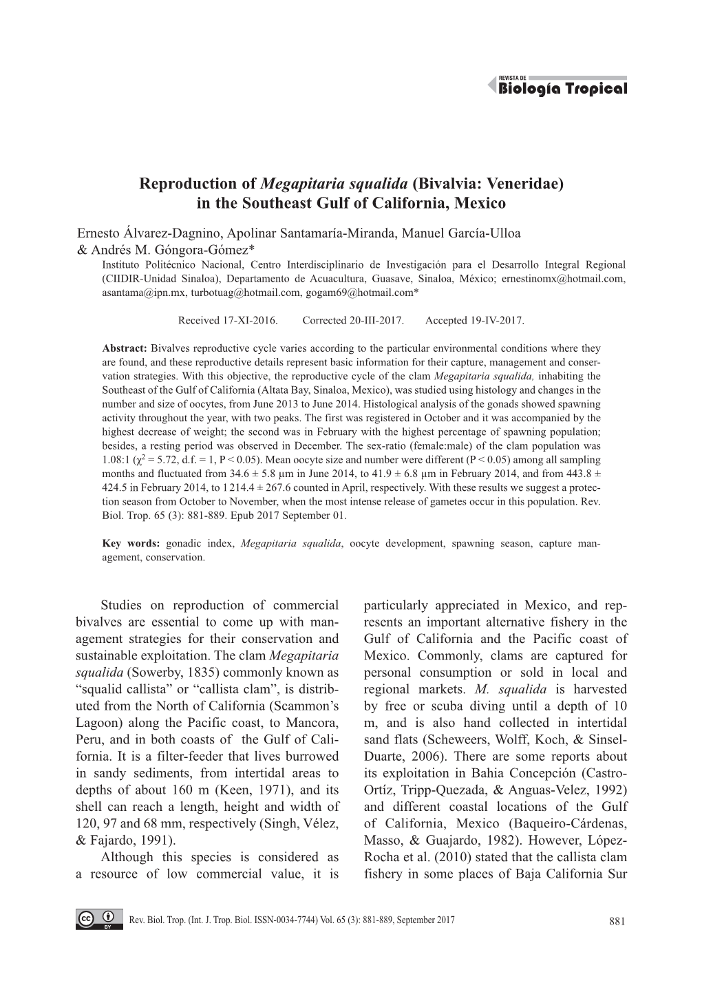 Reproduction of Megapitaria Squalida (Bivalvia: Veneridae) in the Southeast Gulf of California, Mexico