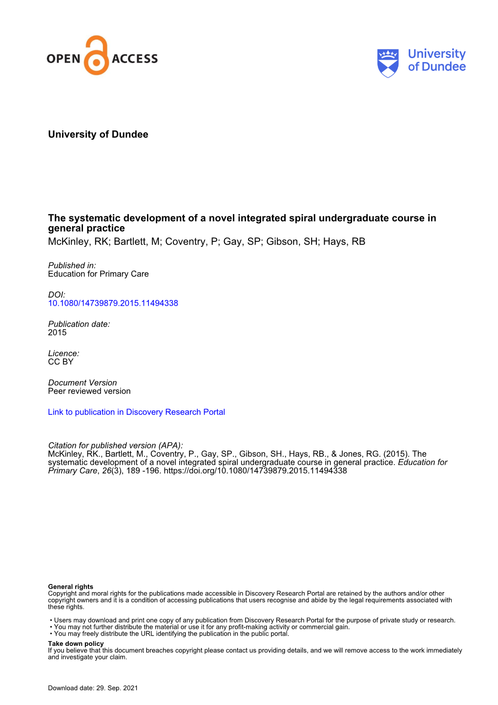 University of Dundee the Systematic Development of a Novel Integrated