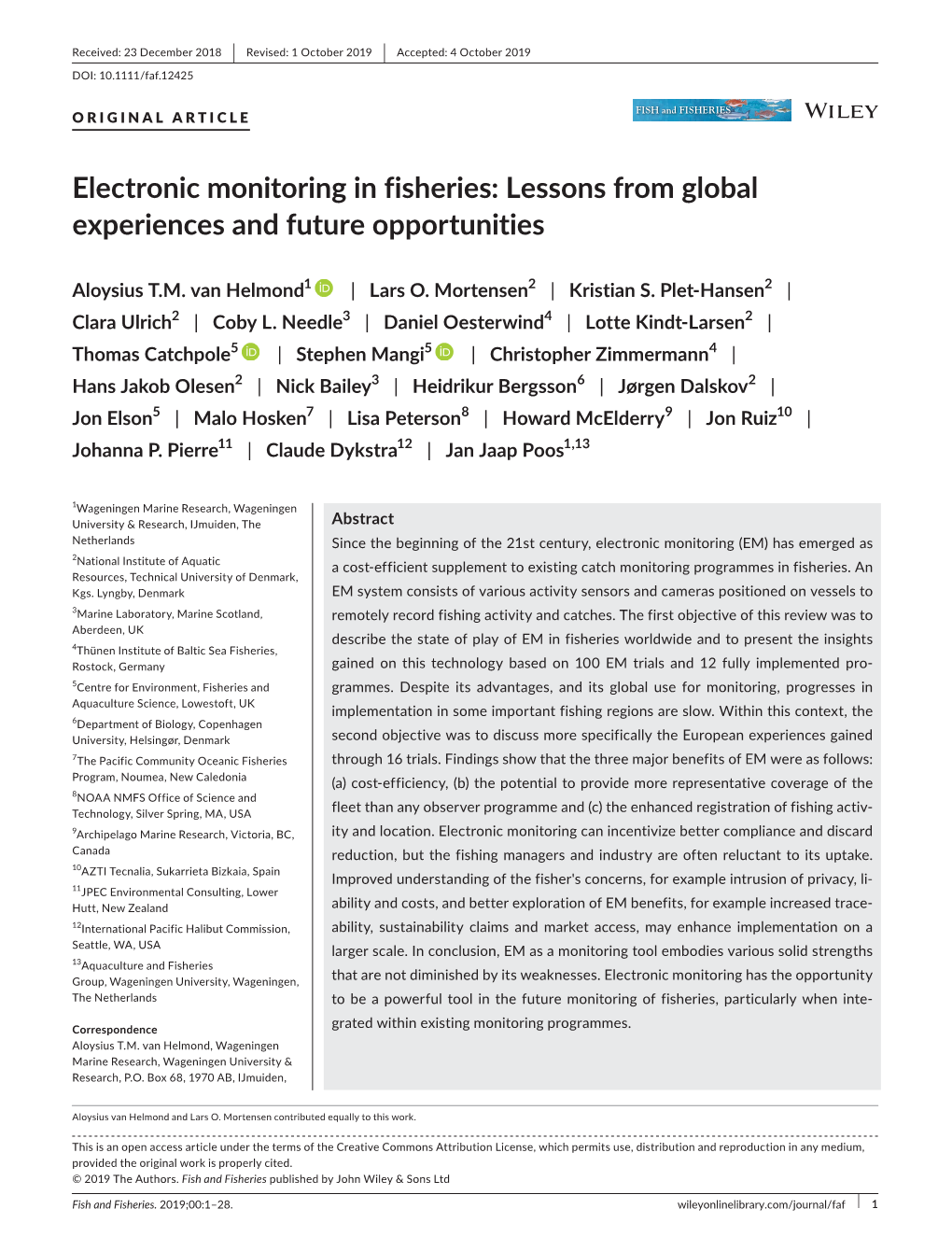 Electronic Monitoring in Fisheries: Lessons from Global Experiences and Future Opportunities