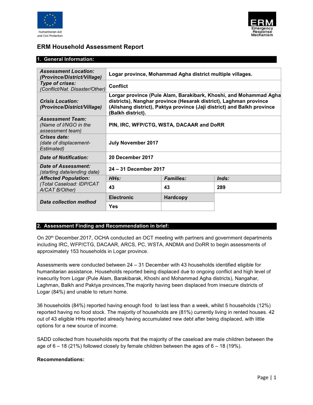 ERM Household Assessment Report