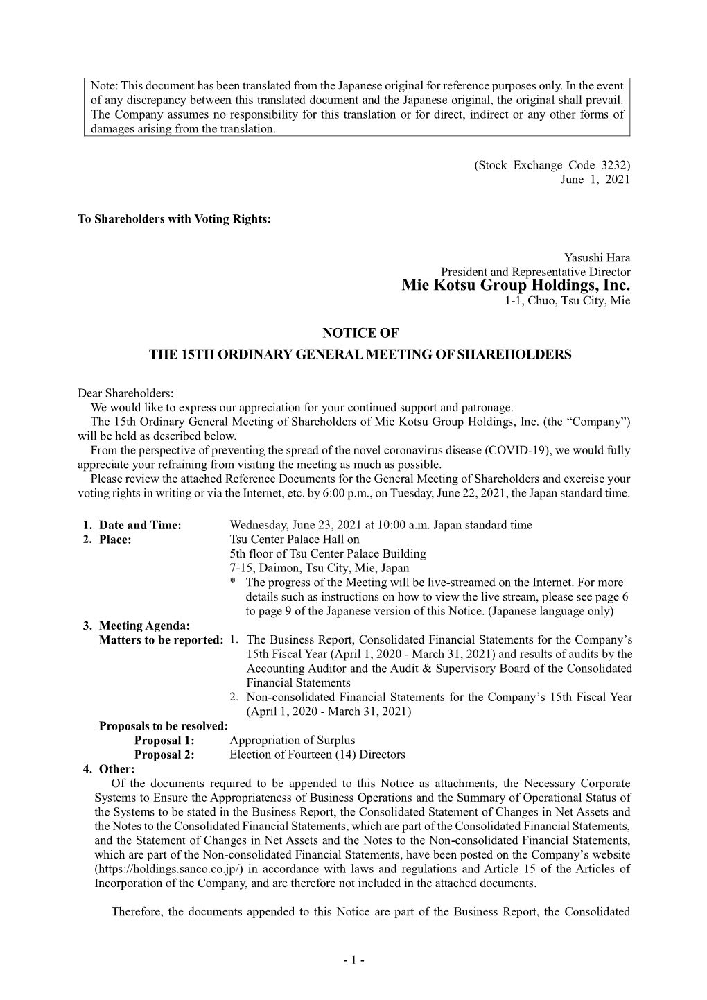 Mie Kotsu Group Holdings, Inc. 1-1, Chuo, Tsu City, Mie