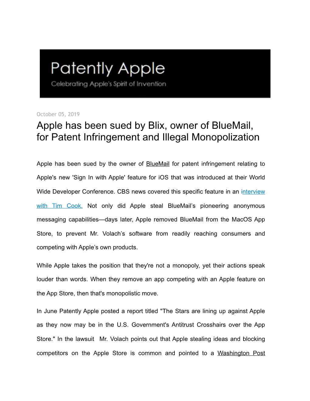 Apple Has Been Sued by Blix, Owner of Bluemail, for Patent Infringement and Illegal Monopolization