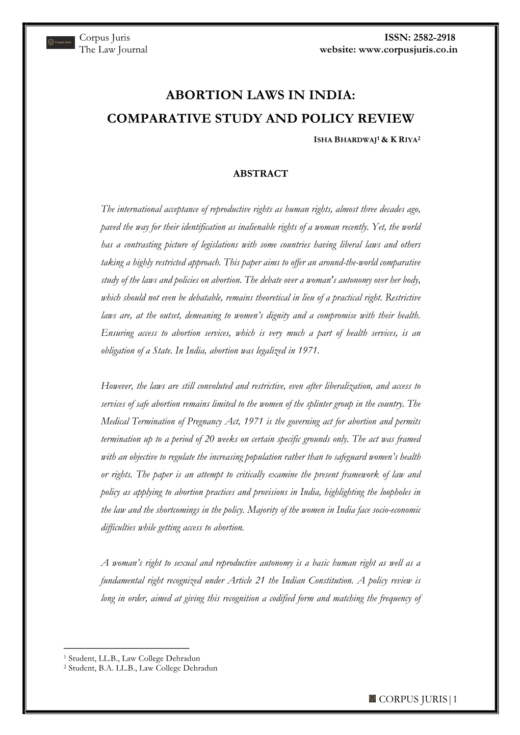 Abortion Laws in India: Comparative Study and Policy Review