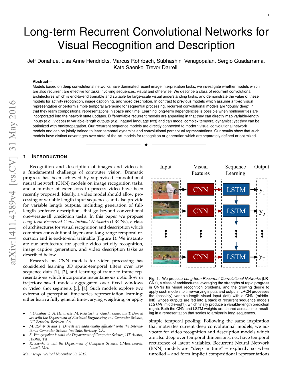 Long-Term Recurrent Convolutional Networks for Visual Recognition and Description