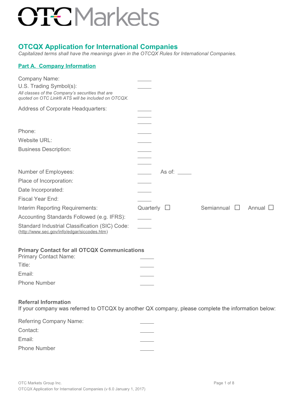 OTCQX Application for International Companies