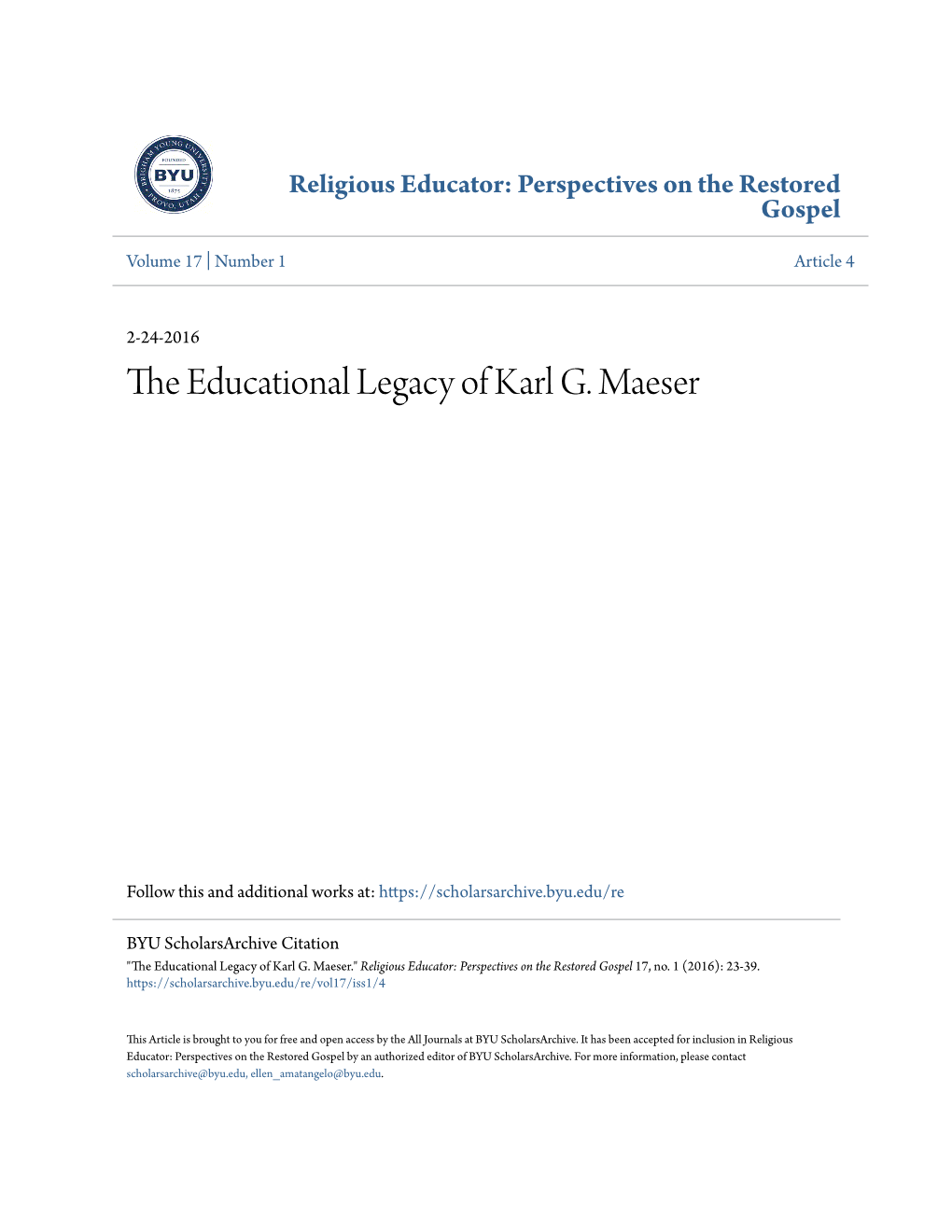 The Educational Legacy of Karl G. Maeser