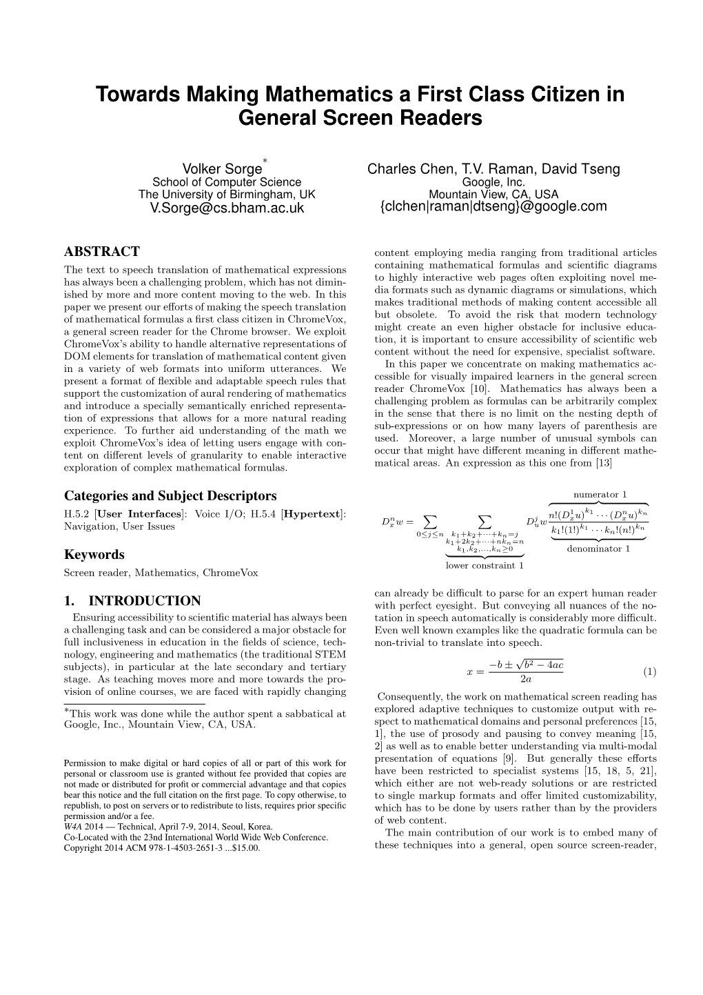 Towards Making Mathematics a First Class Citizen in General Screen Readers