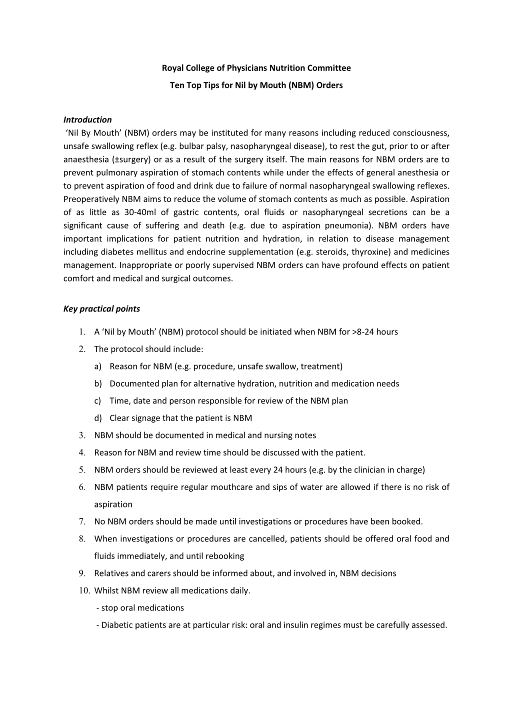 RCP Ten Top Tips for Nil by Mouth Orders