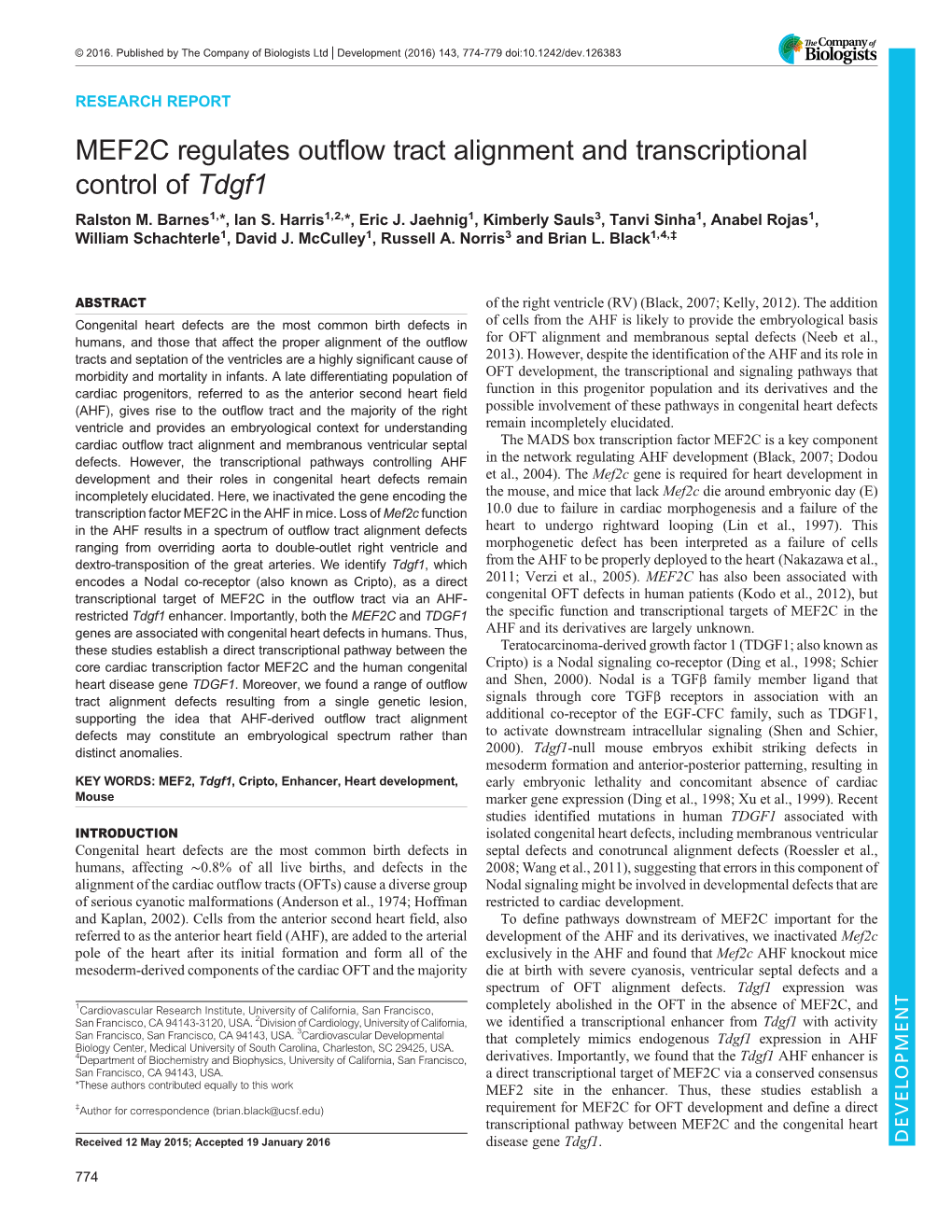 MEF2C Regulates Outflow Tract Alignment and Transcriptional Control of Tdgf1 Ralston M