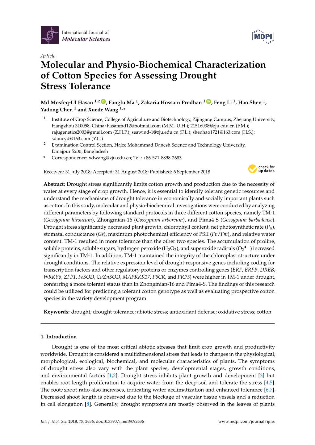 Molecular and Physio-Biochemical Characterization of Cotton Species for Assessing Drought Stress Tolerance