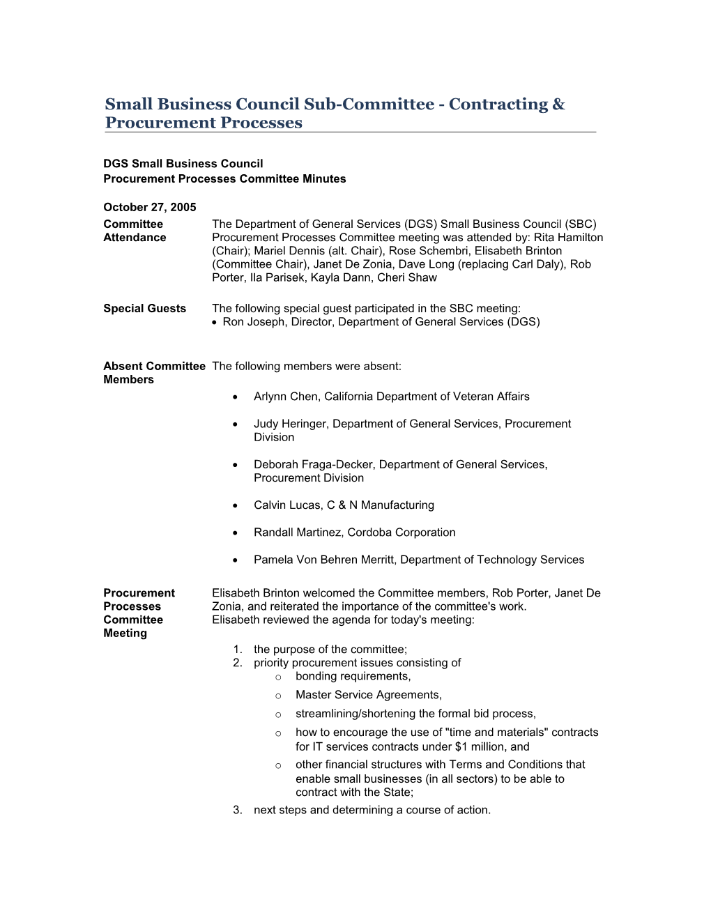 Small Business Council Sub-Committee - Contracting & Procurement Processes