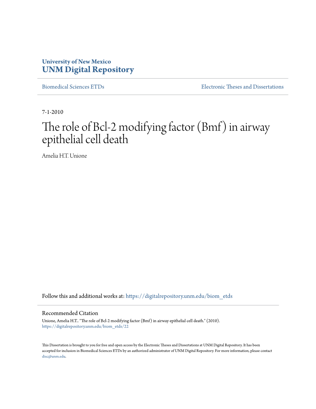 The Role of Bcl-2 Modifying Factor (Bmf) in Airway Epithelial Cell Death