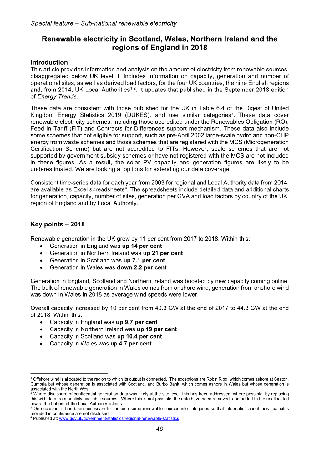 Renewable Electricity in Scotland, Wales, Northern Ireland and the Regions of England in 2018
