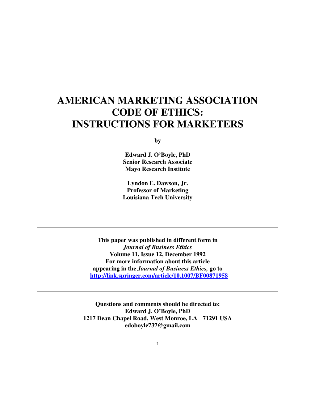 American Marketing Association Code of Ethics: Instructions for Marketers