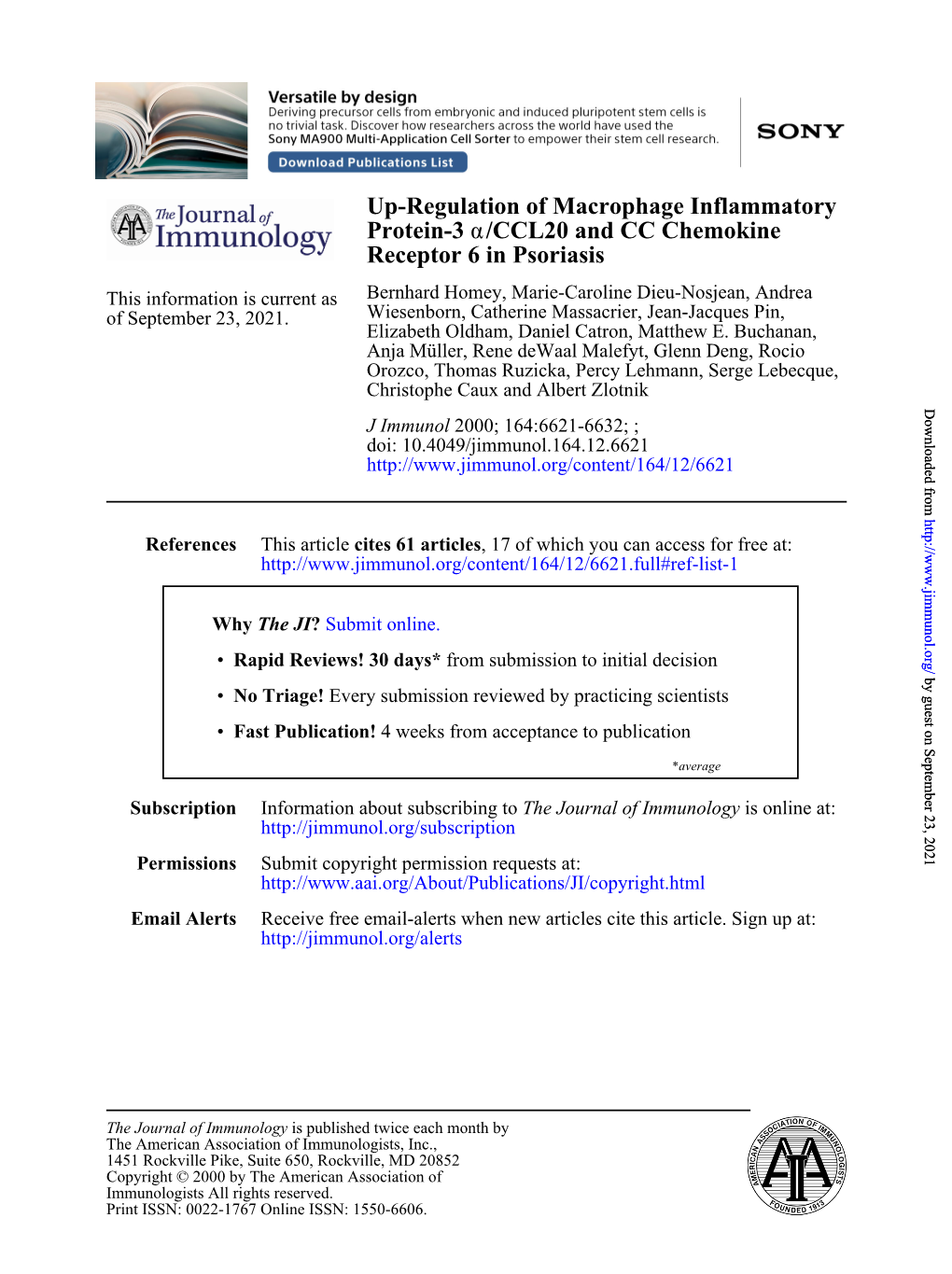 Receptor 6 in Psoriasis /CCL20 and CC Chemokine Α Protein-3 Up