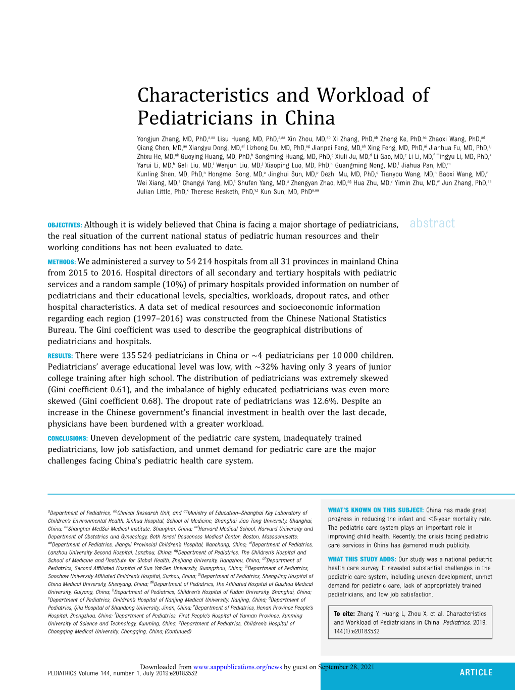 Characteristics and Workload of Pediatricians in China