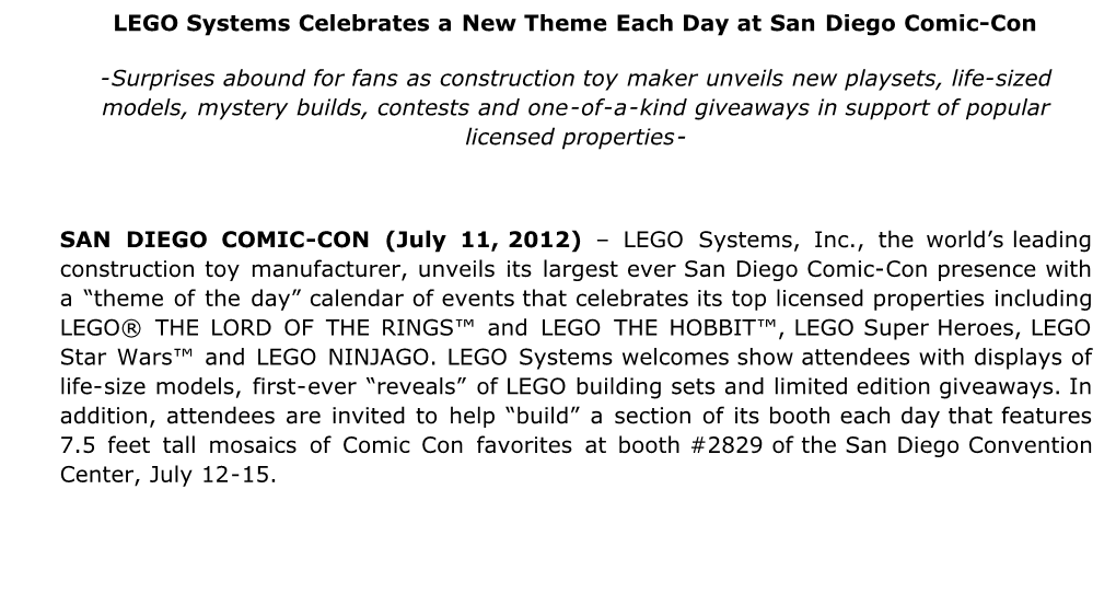 Events LEGO: LEGO Announces SDCC 2012 Plans