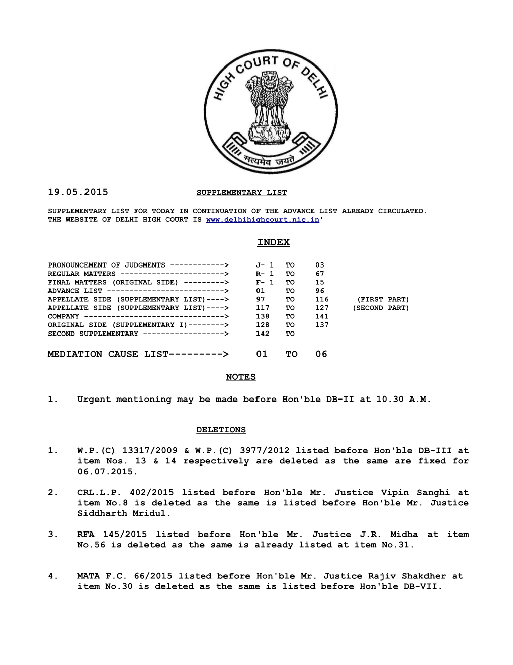 19.05.2015 MEDIATION CAUSE LIST---> 01 to 06 NOTES