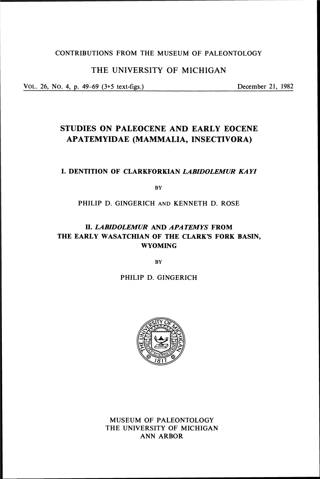 Studies on Paleocene and Early Eocene Apatemyidae (Mammalia, Insectivora)