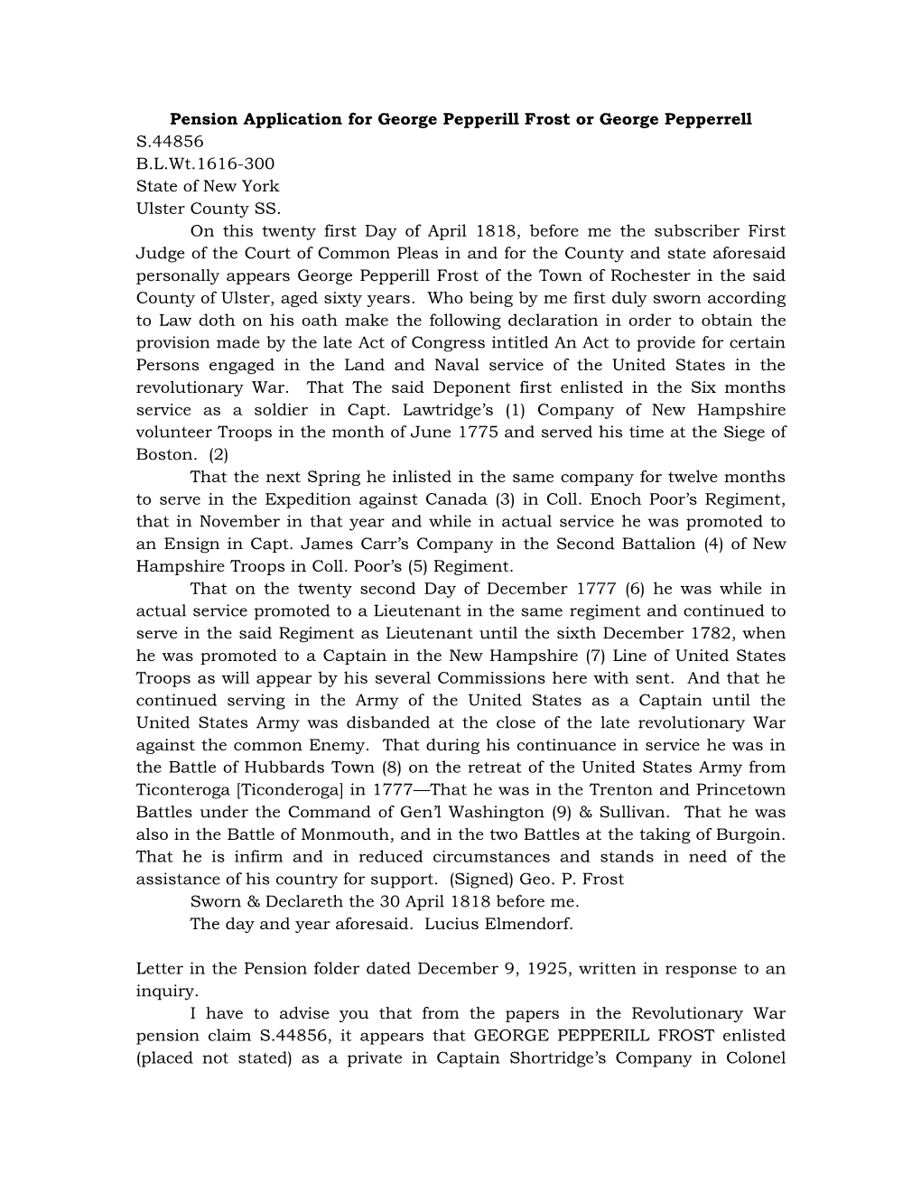 Pension Application for George Pepperill Frost Or George Pepperrell S.44856 B.L.Wt.1616-300 State of New York Ulster County SS