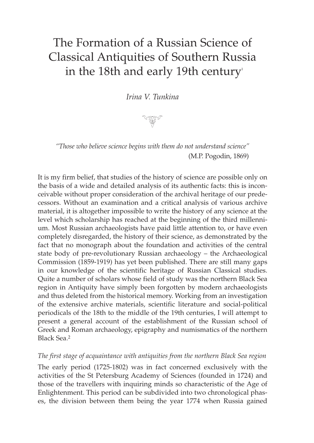 The Formation of a Russian Science of Classical Antiquities of Southern Russia in the 18Th and Early 19Th Century1