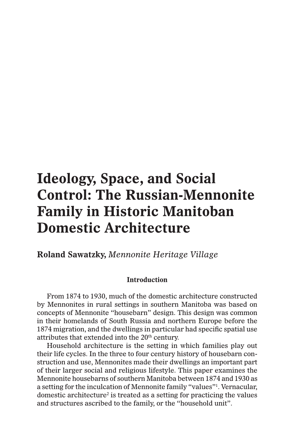 The Russian-Mennonite Family in Historic Manitoban Domestic Architecture