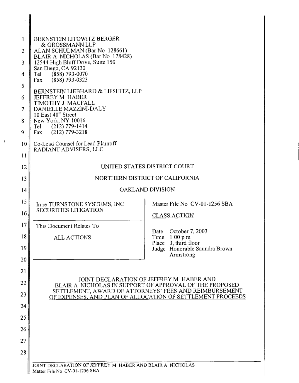 Turnstone Systems, Inc. Securities Litigation 01-CV-1256-Joint
