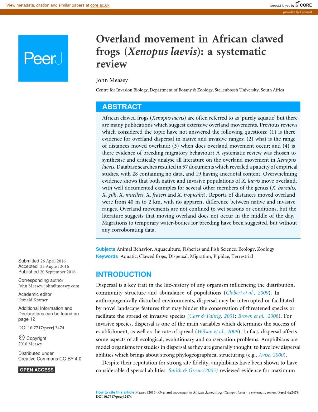 Overland Movement in African Clawed Frogs (Xenopus Laevis): a Systematic Review