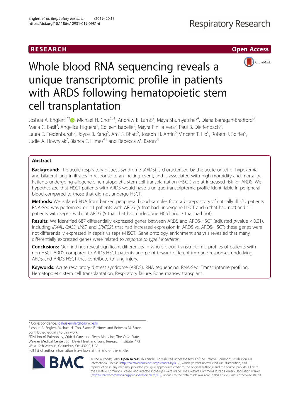 Whole Blood RNA Sequencing Reveals a Unique Transcriptomic Profile in Patients with ARDS Following Hematopoietic Stem Cell Transplantation Joshua A