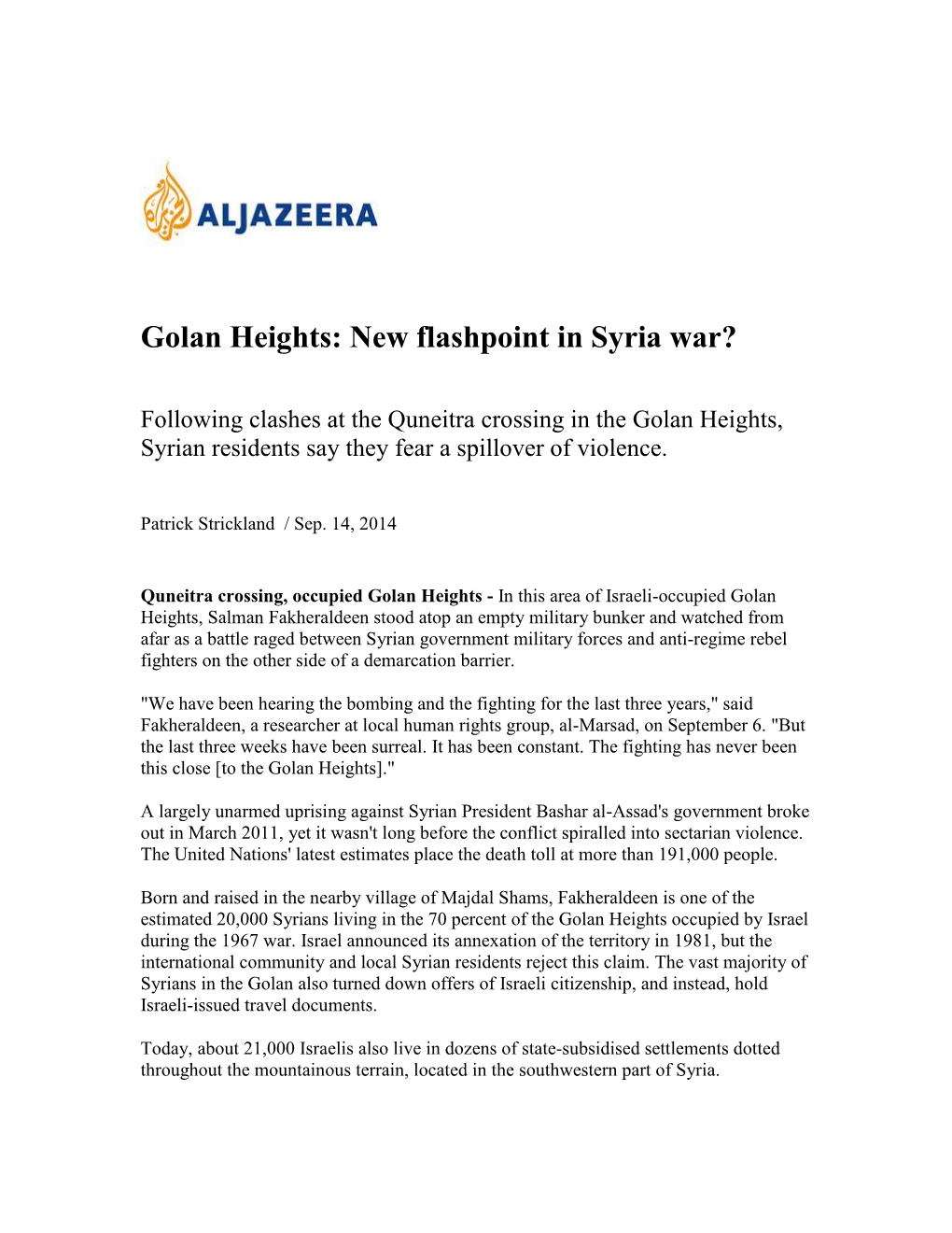 Golan Heights: New Flashpoint in Syria War?