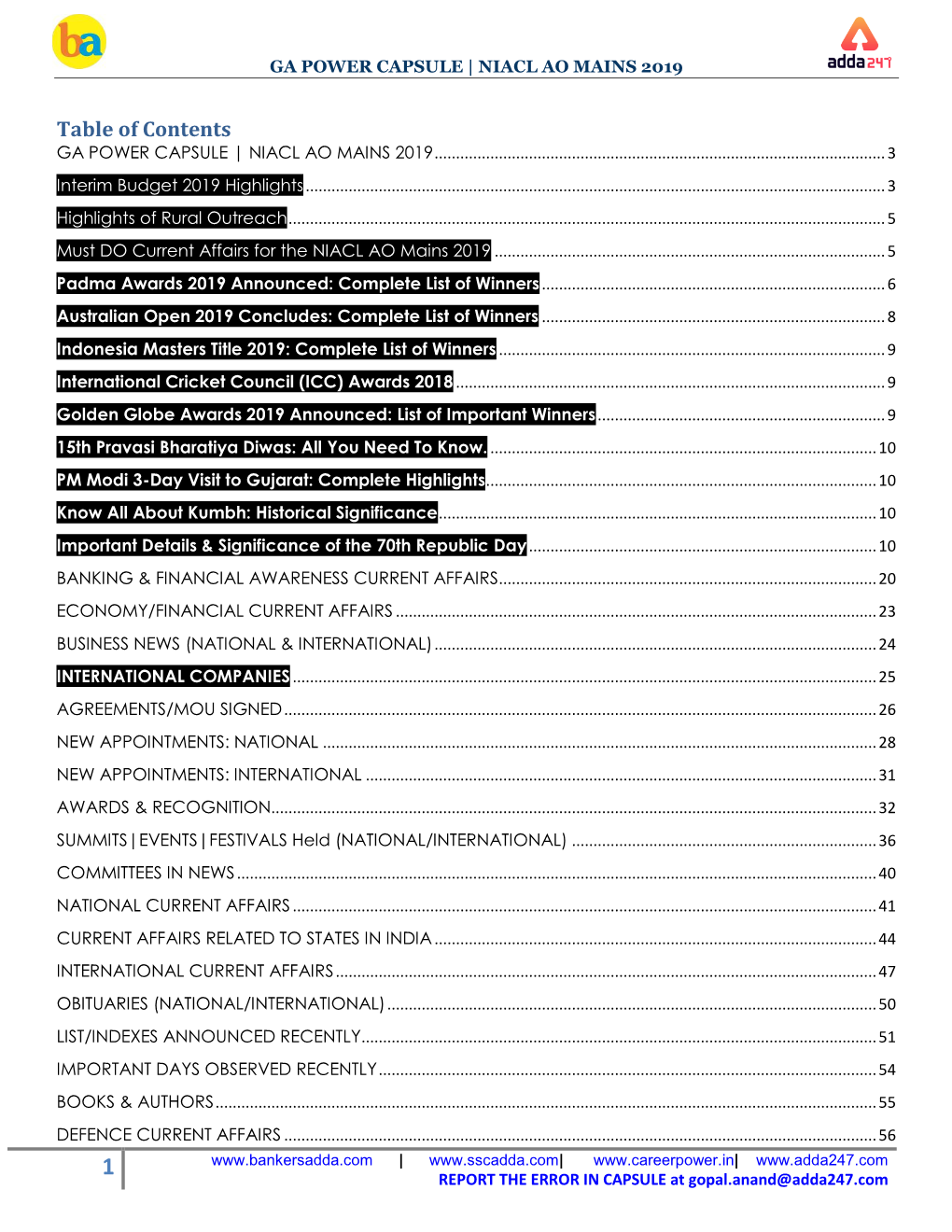 Table of Contents GA POWER CAPSULE | NIACL AO MAINS 2019