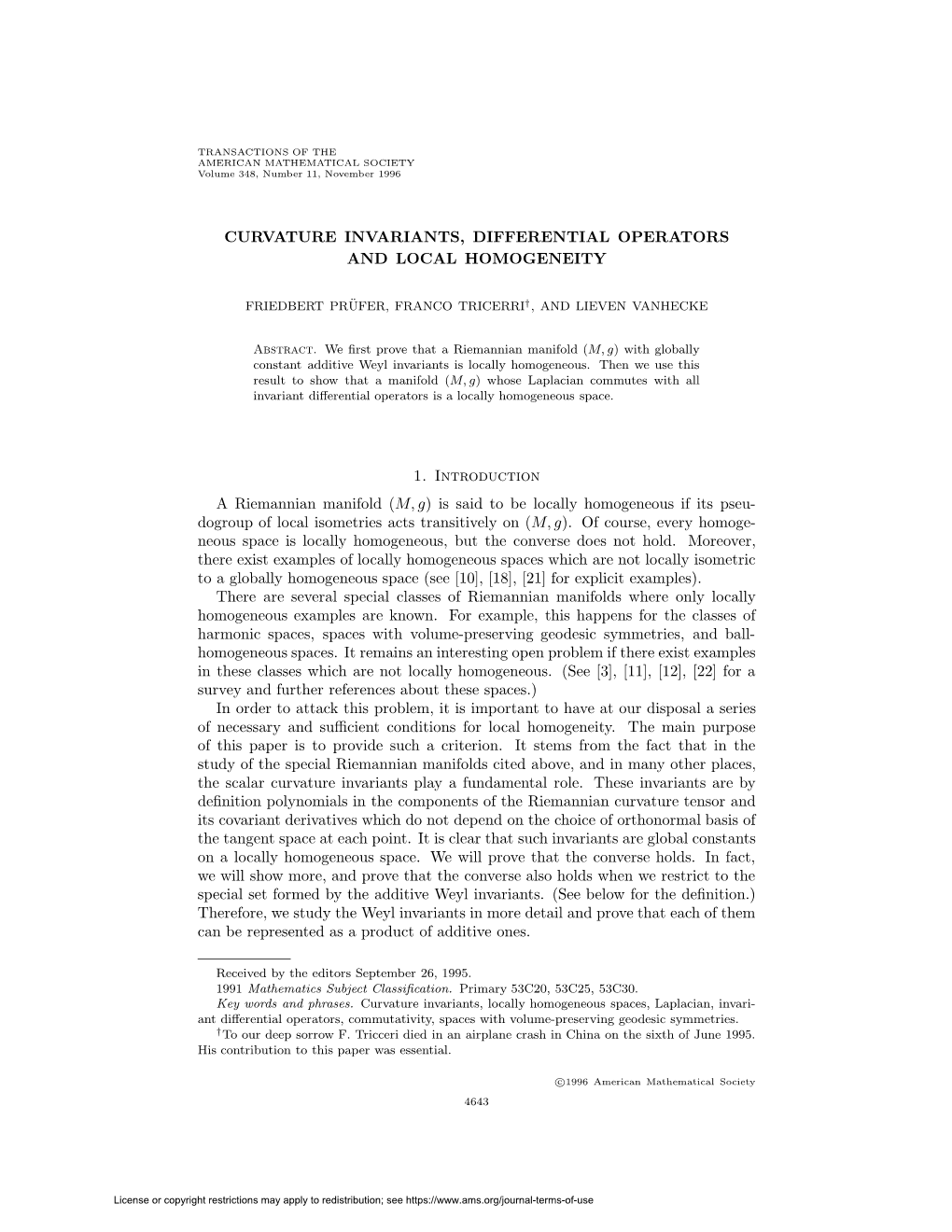 Curvature Invariants, Differential Operators and Local Homogeneity