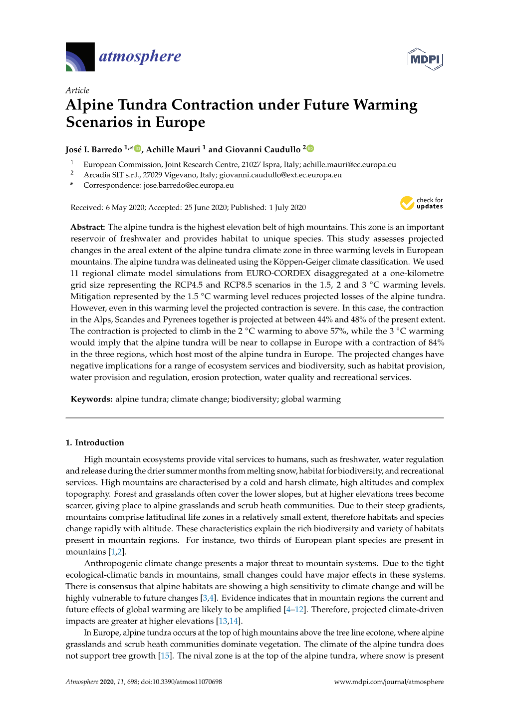 Alpine Tundra Contraction Under Future Warming Scenarios in Europe