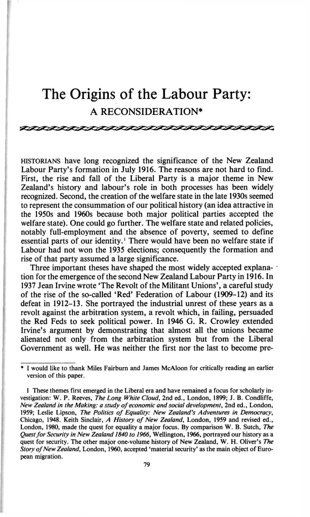 The Origins of the Labour Party: a RECONSIDERATION*