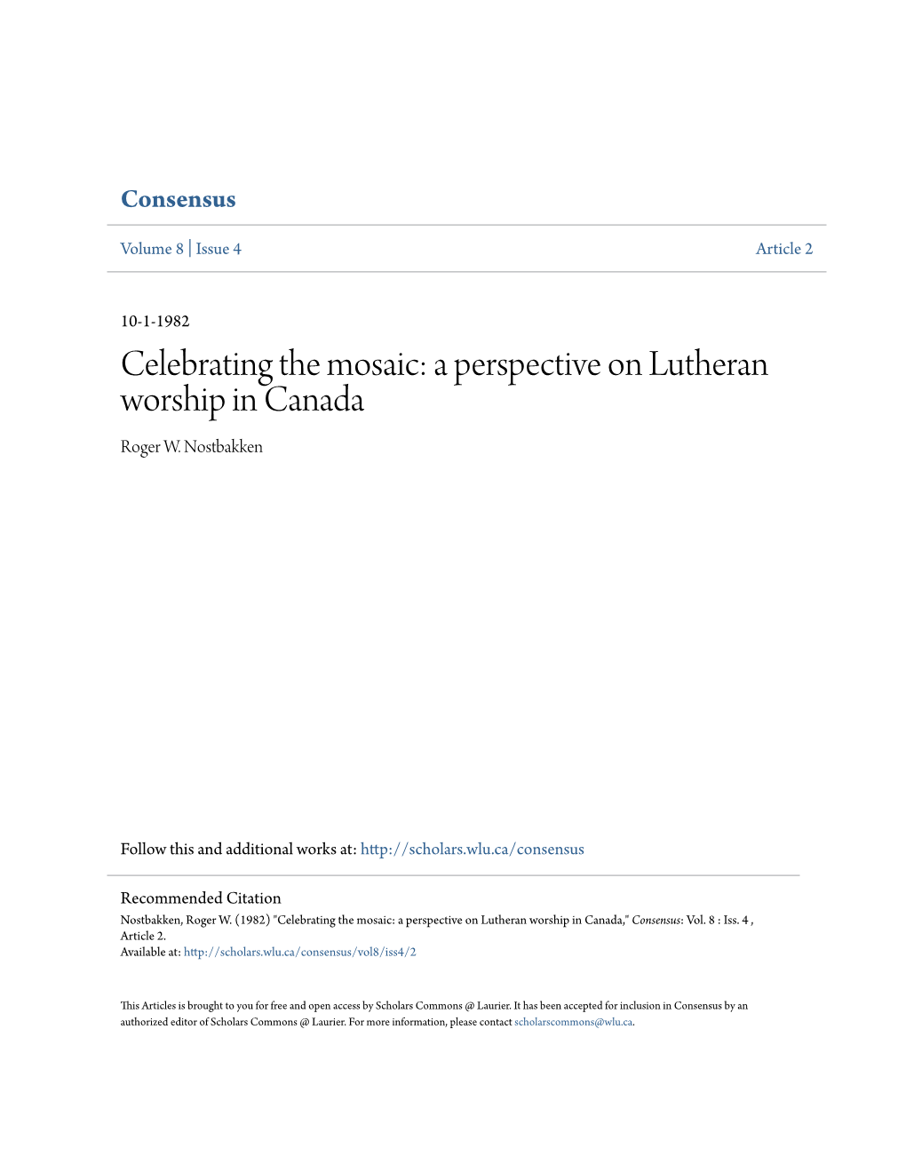 A Perspective on Lutheran Worship in Canada Roger W