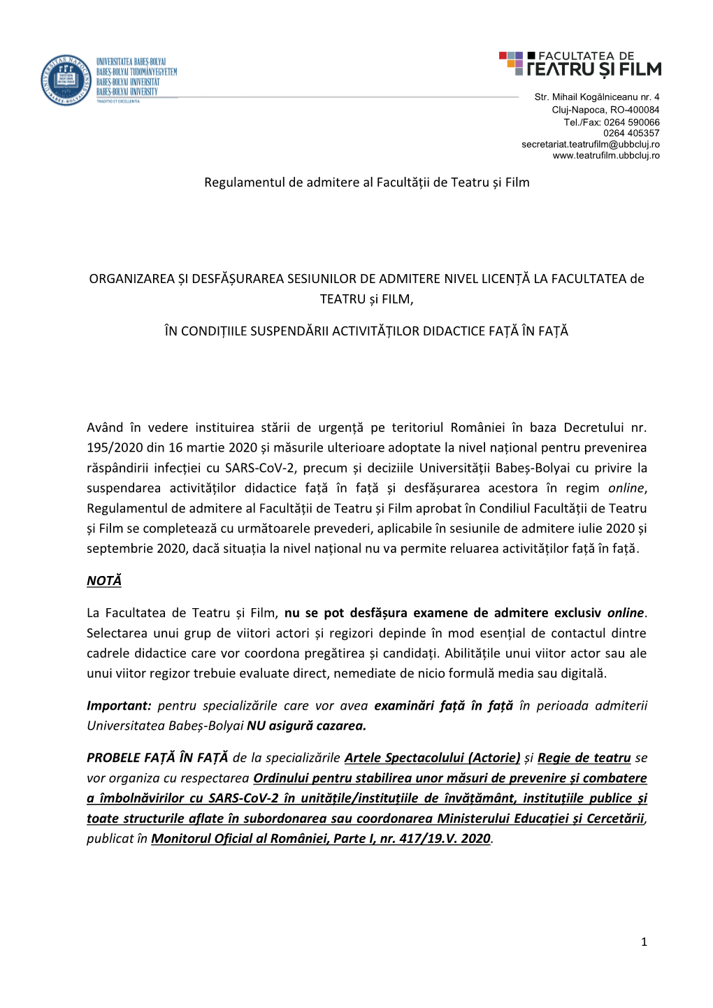 Regulamentul De Admitere Al Facultății De Teatru Și Film